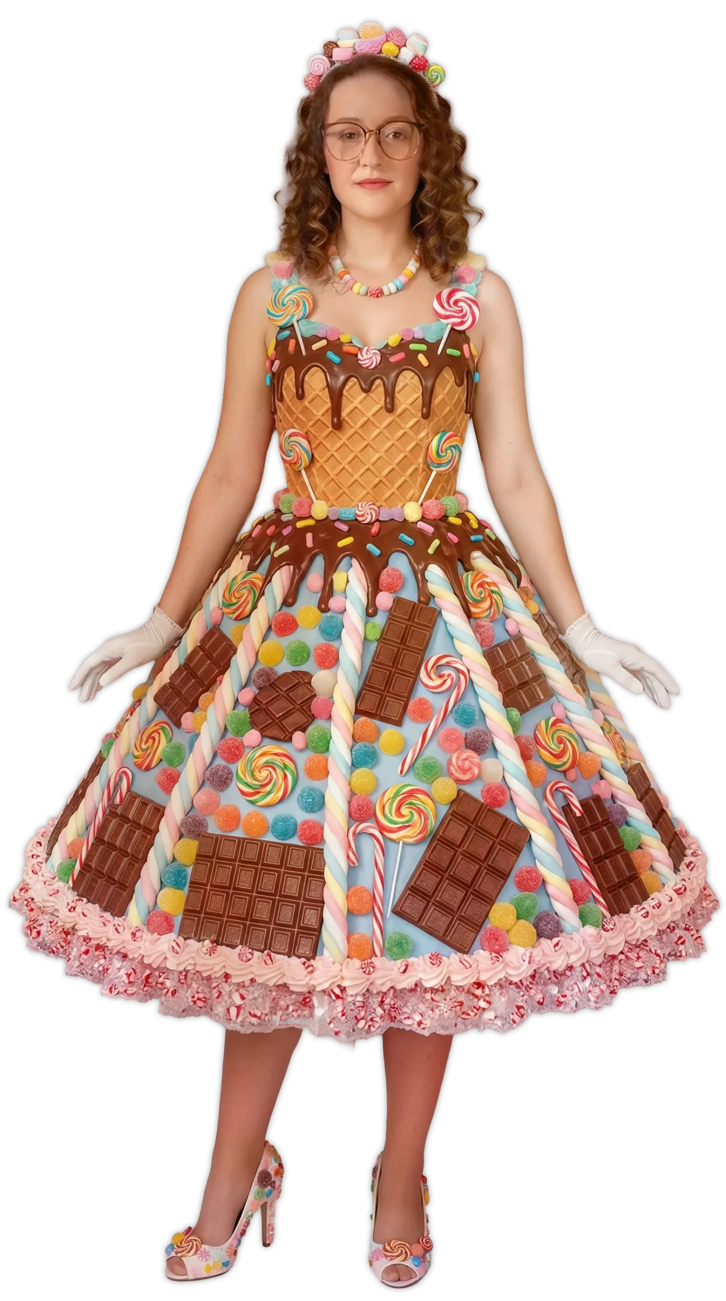 fille avec une robe en bonbons et chocolat